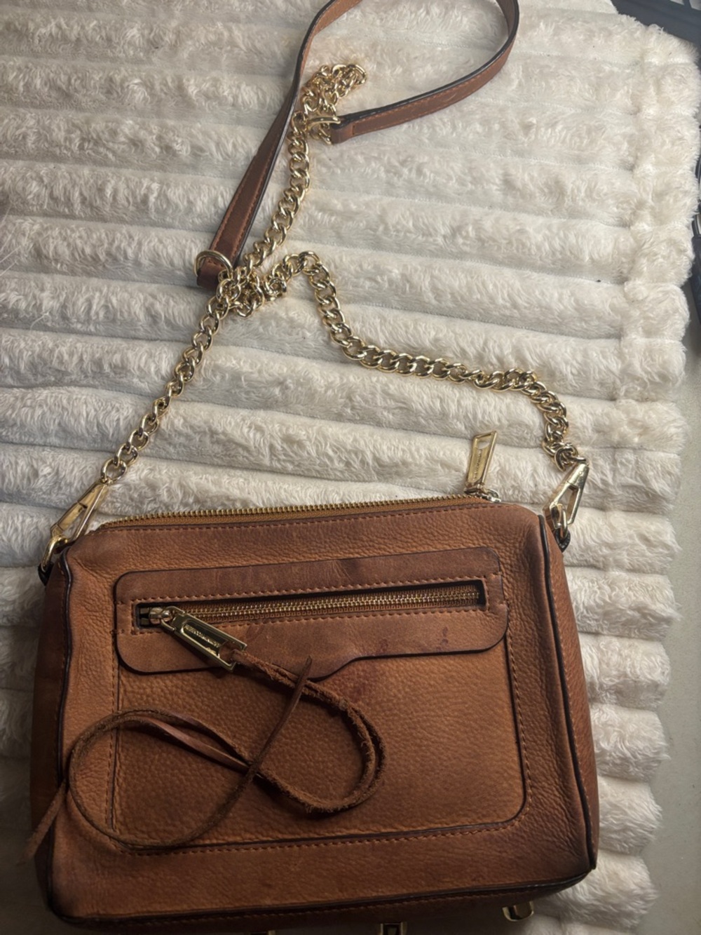 Rebecca Minkoff Cognac Brown Leather Crossbody with Gold Chain Strap